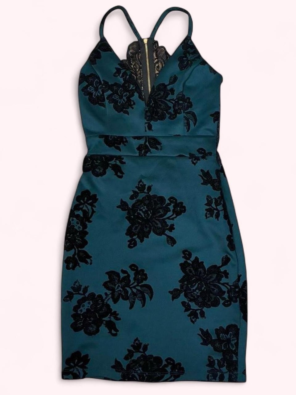 WINDSOR Teal Bodycon Dress with Black Floral Lace Detailing